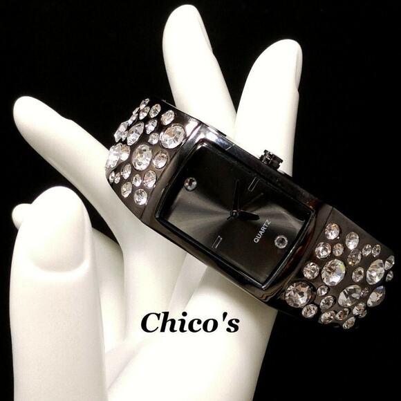 Chicos Cuff Style Rhinestone Watch, Gunmetal Gray, Clear Rhinestones, 7 1/8 Inch - Picture 1 of 10